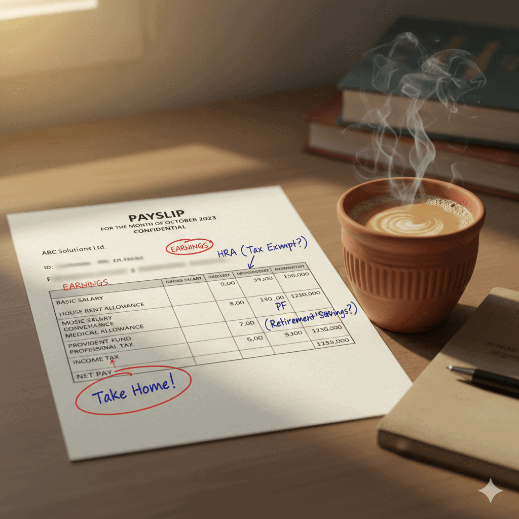 A detailed payslip with taxes, earnings, and savings notes beside a cup of coffee.