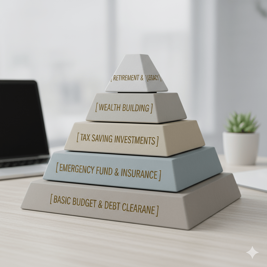 Financial planning hierarchy showcasing retirement, wealth building, tax savings, emergency fund, and budgeting strategies.