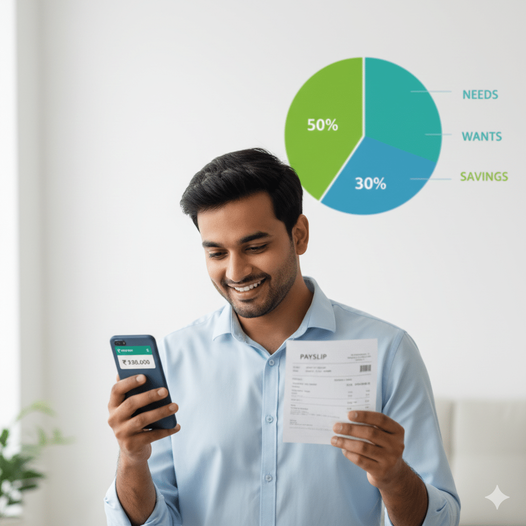 Young Indian professional happily planning their first salary budget using the 50/30/20 rule on a laptop