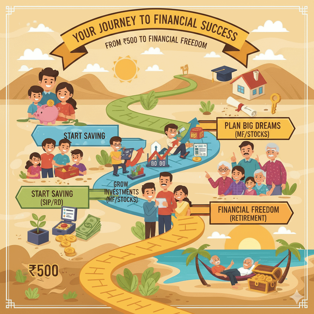 Alternative text: Family saving and investing for financial freedom through MeraMoney platform illustrating steps from savings to retirement.