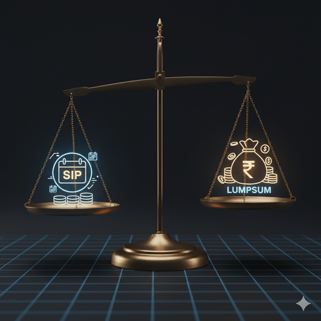 Digital illustration of balance scale showing SIP and LUMPSUM options for investment comparison.