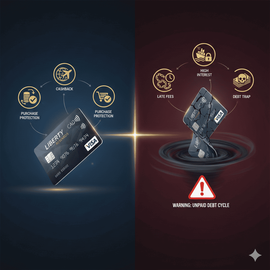 Visual comparison of credit card rewards versus debt cycle dangers, highlighting financial pitfalls of high interest and late fees.