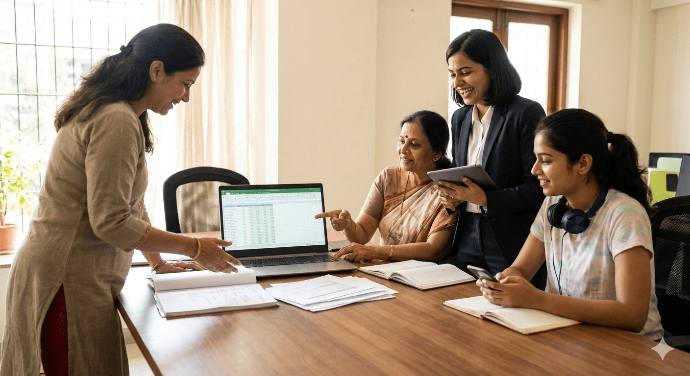 Diverse Indian women discussing finances together with laptop, calculator, and financial documents in modern setting