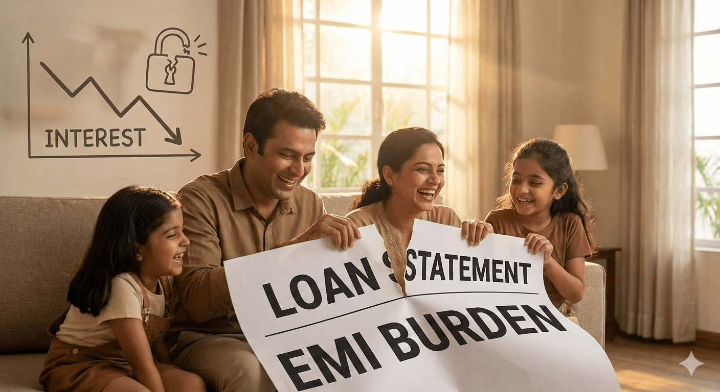 Indian middle-class family celebrating financial freedom by breaking free from loan EMI burden with smart planning strategies.