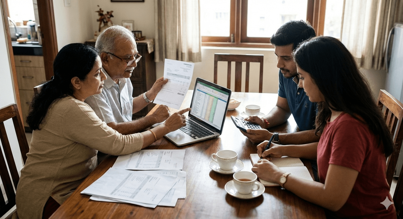 Indian family reviewing finances together at home table