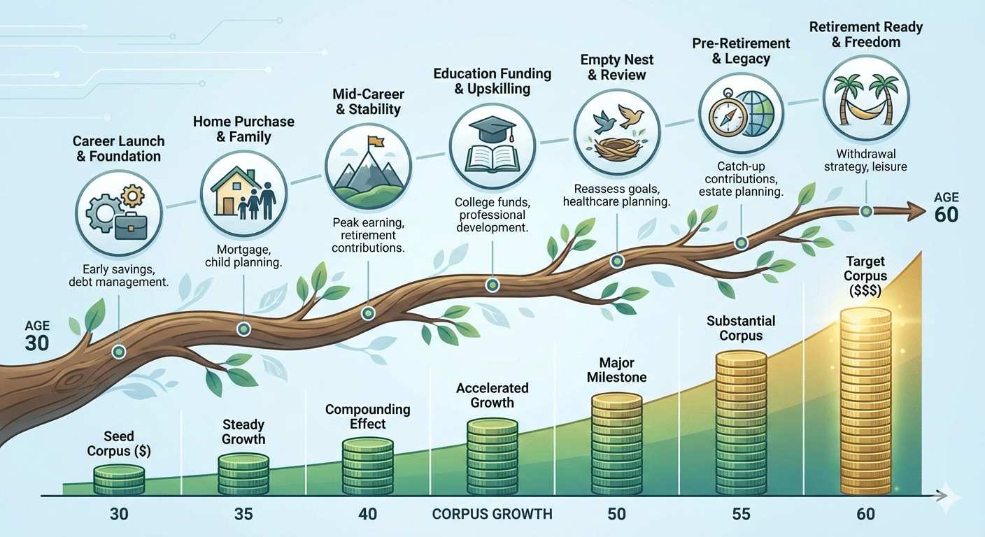 Retirement planning timeline showing age 30 to 60 with corpus growth milestones for Indian investors