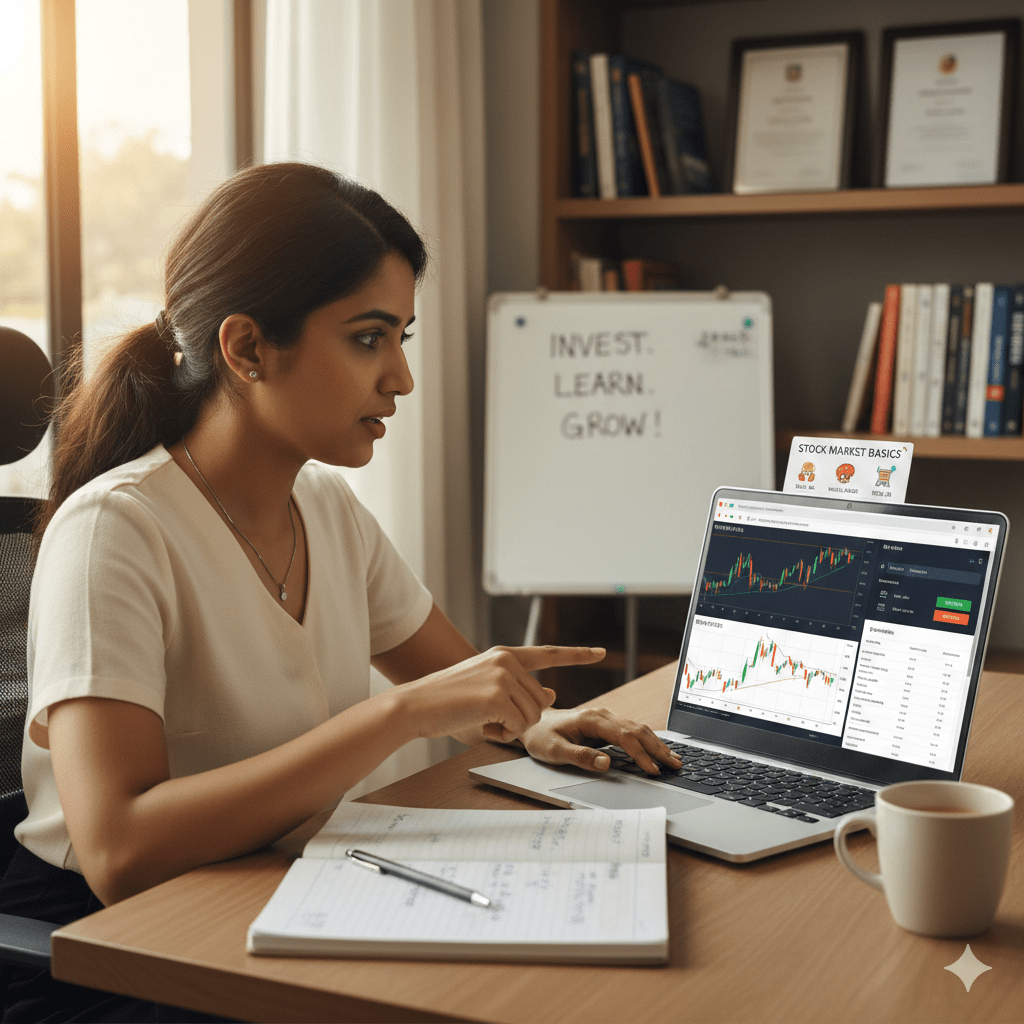 Indian beginner investor learning stock market basics on laptop with Nifty/Sensex charts and educational elements visible